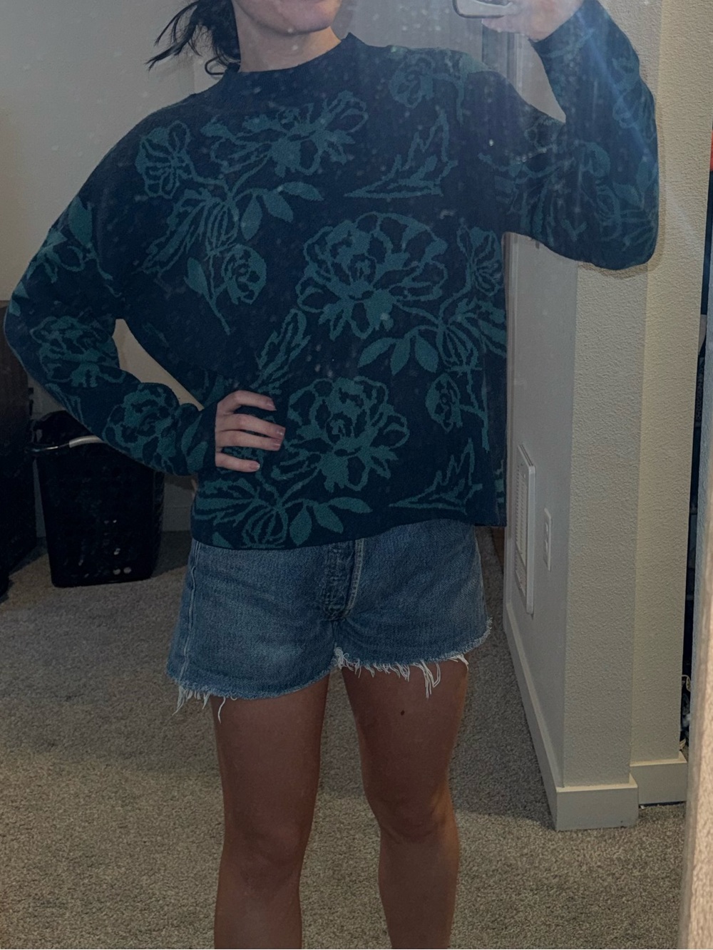 Cyrus Teal Floral Crewneck Sweater on Navy Base - Picture 3 of 3